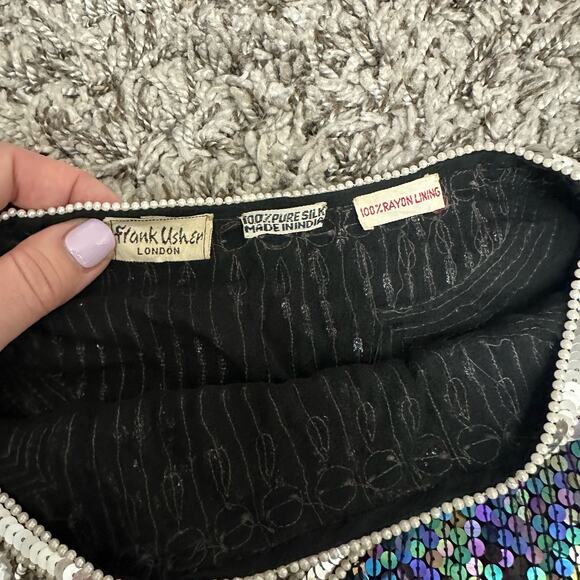 Vintage 80s Frank Usher Black Silk Heavily Sequin Beaded Blouse Evening Top M - Picture 8 of 10